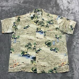 Kennington Shirt Men's L Biege Green Button Up Hawaiian Camp Casual Surf Palm